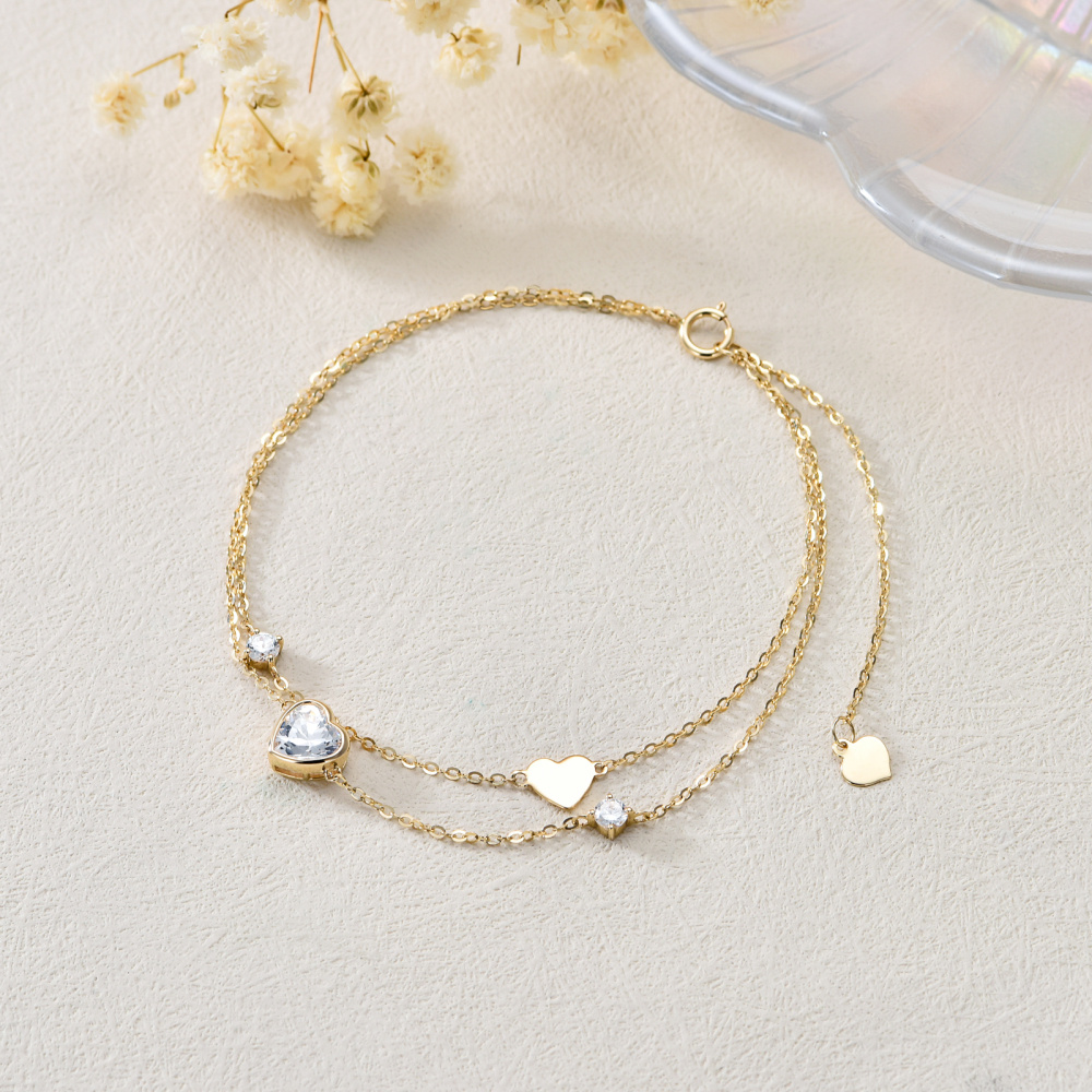 10K Gold Heart Cubic Zirconia Layerered Bracelet For Women-3