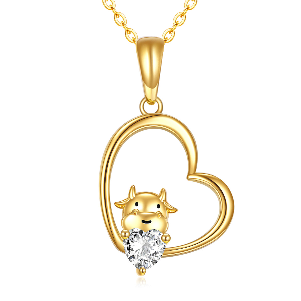 Collier avec pendentif en forme de vache en moissanite et cœur en or 14 carats pour femme-1