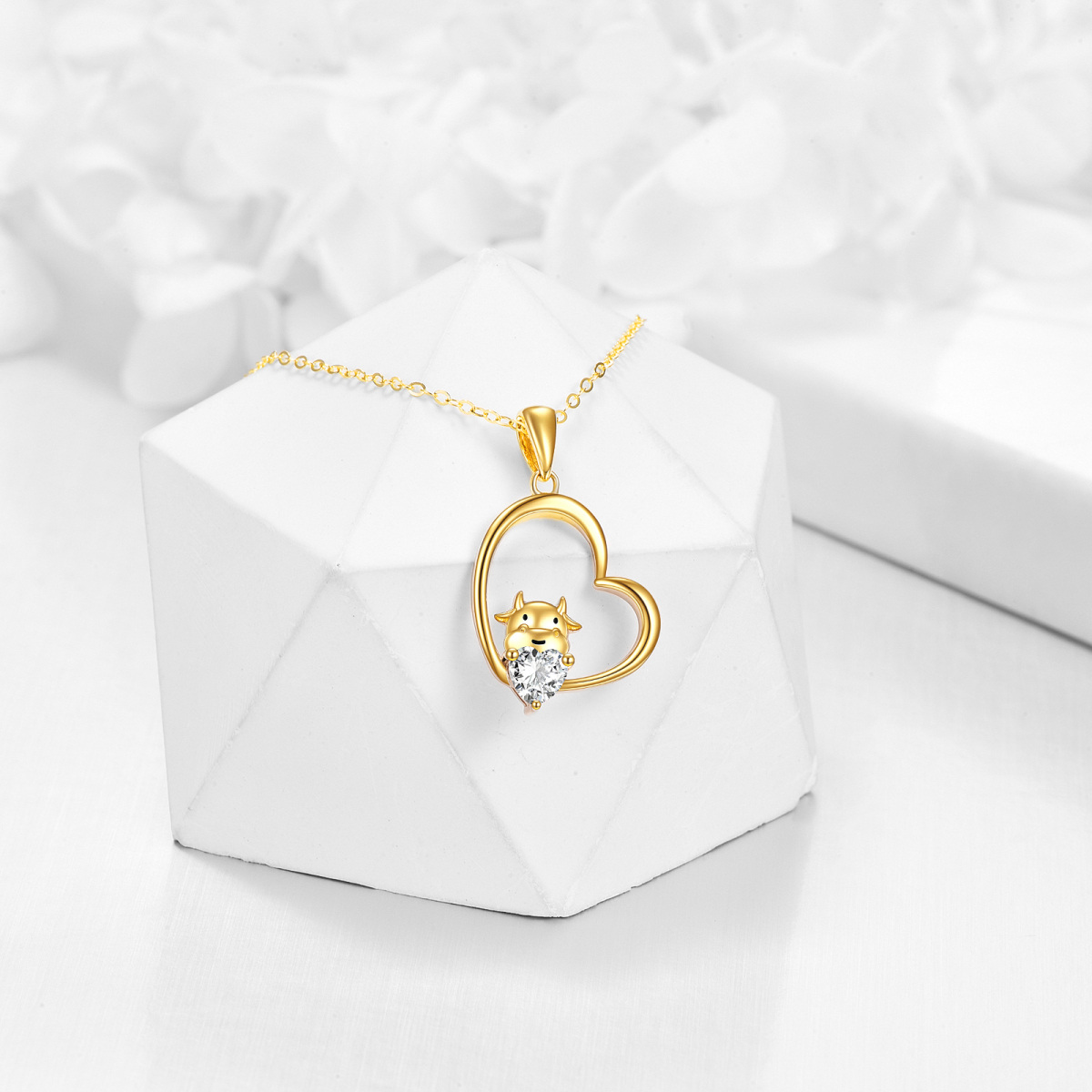 10K Gold Heart Moissanite Cow Pendant Necklace For Women-3