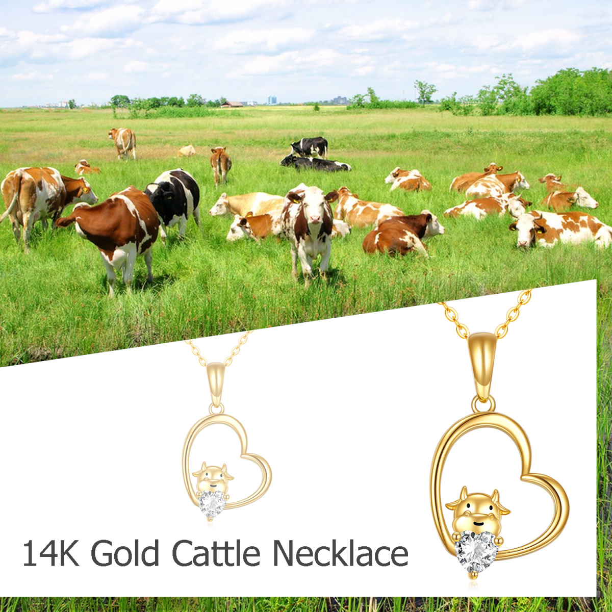 10K Gold Heart Moissanite Cow Pendant Necklace For Women-5