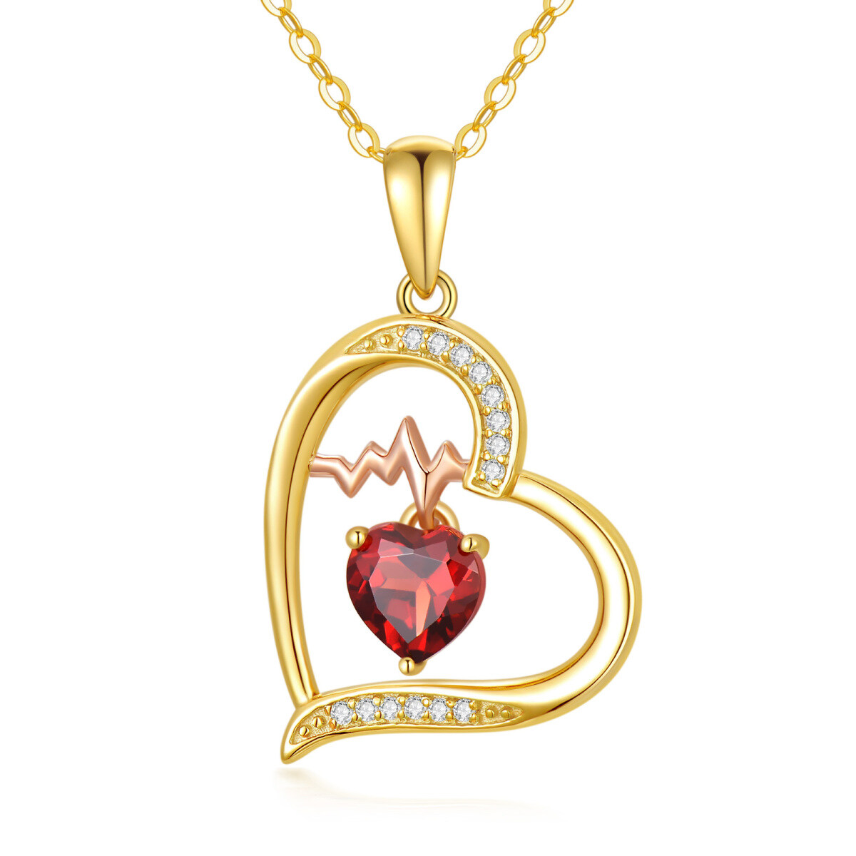 Collier en or 14K avec pendentif coeur et électrocardiogramme en Moissanite-1