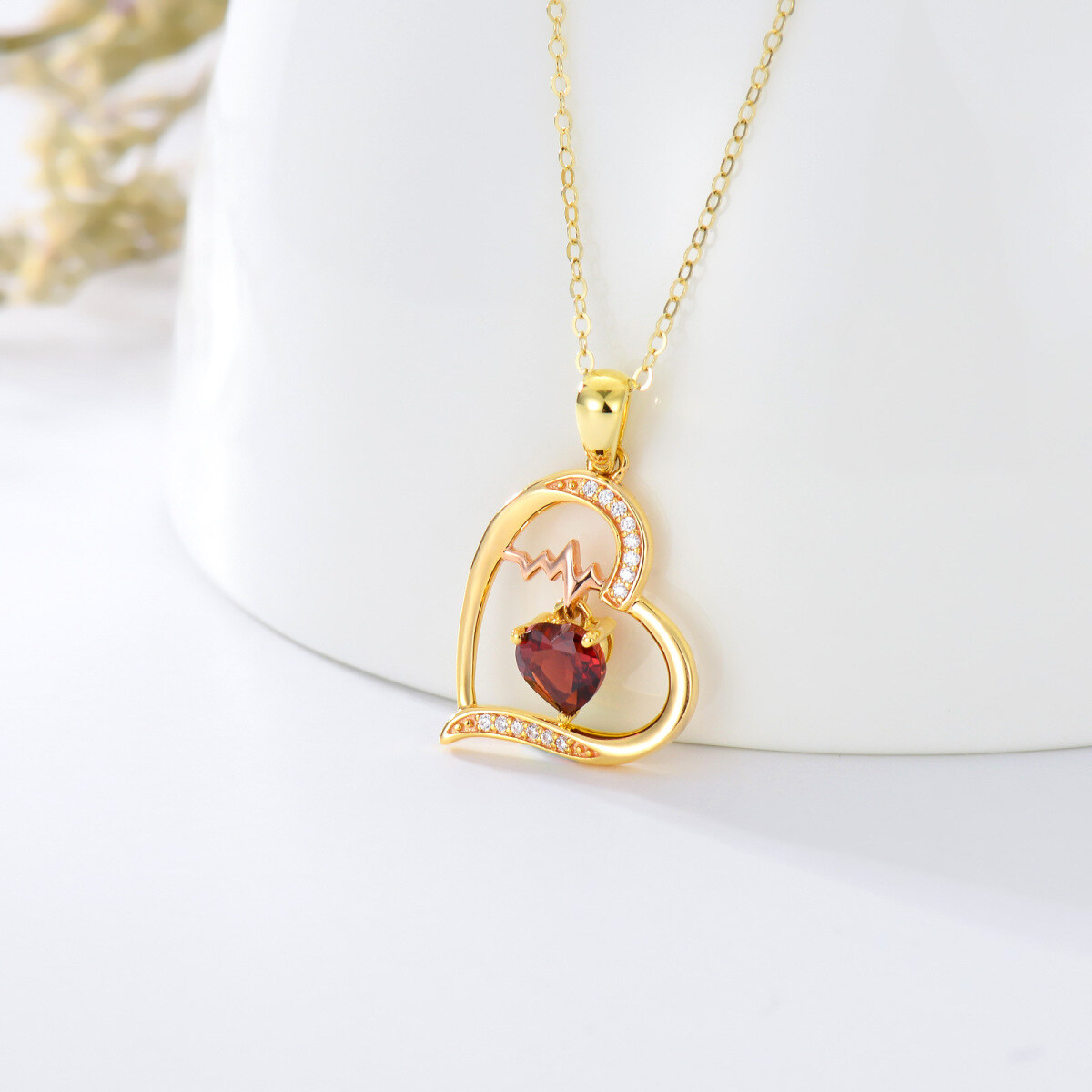 Collier en or 14K avec pendentif coeur et électrocardiogramme en Moissanite-3