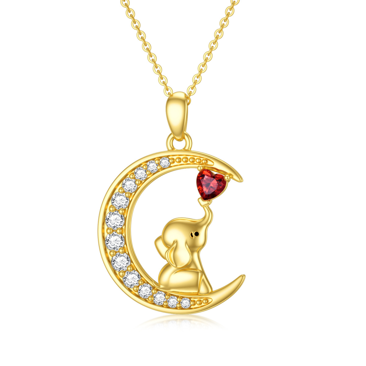 14K Gold Herzform Moissanit Elefant & Mond Anhänger Halskette-1