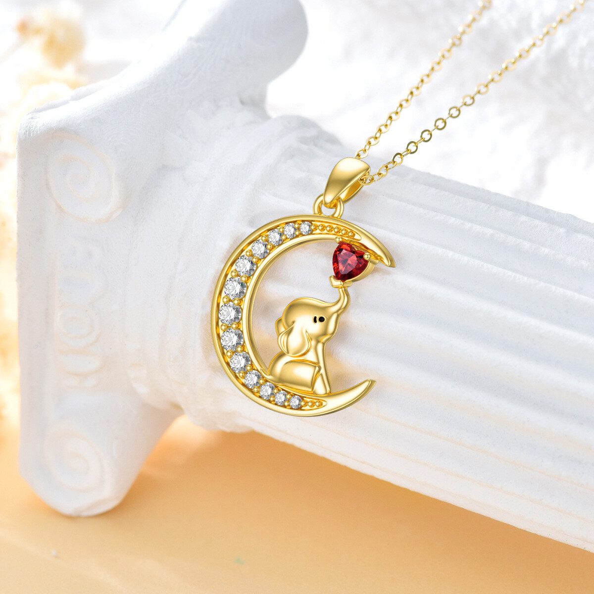 14K Gold Herzform Moissanit Elefant & Mond Anhänger Halskette-3