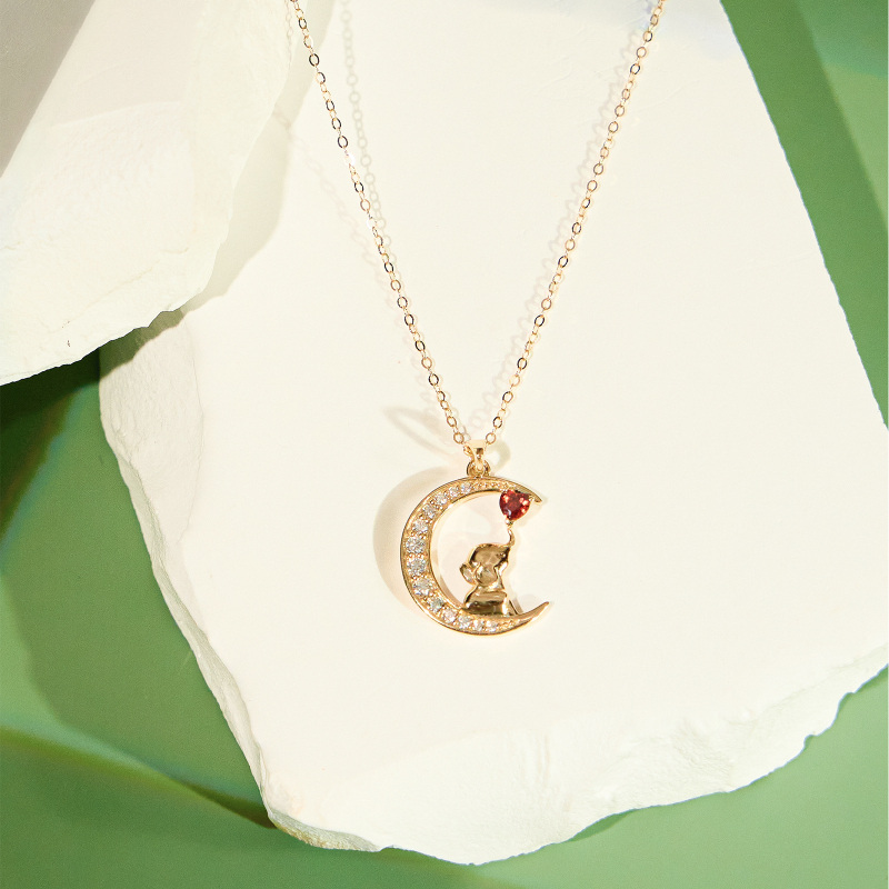 10K Gold Heart Shaped Moissanite Elephant & Moon Pendant Necklace-4