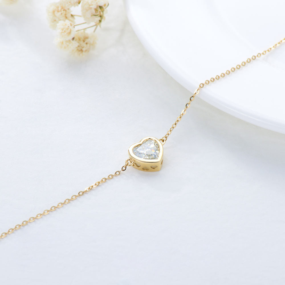 10K Gold Heart Moissanite Charm Bracelet For Women-5