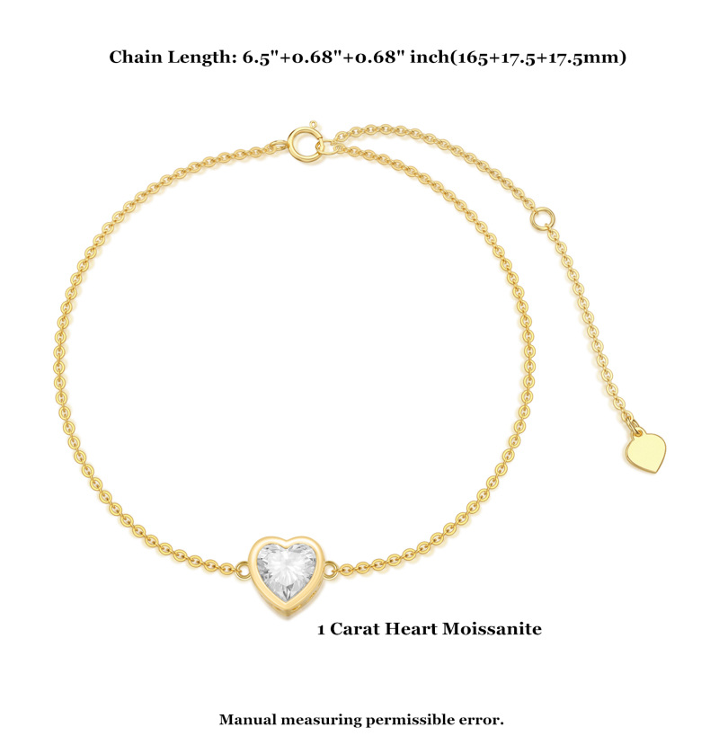 Pulsera de oro blanco de 10 quilates con dije de corazón de moissanita talla corazón-6