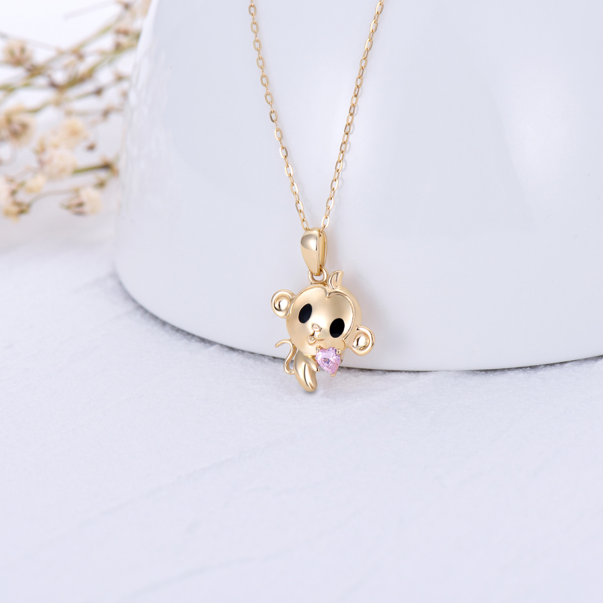 14K Gold Heart Shaped Cubic Zirconia Monkey Pendant Necklace-3