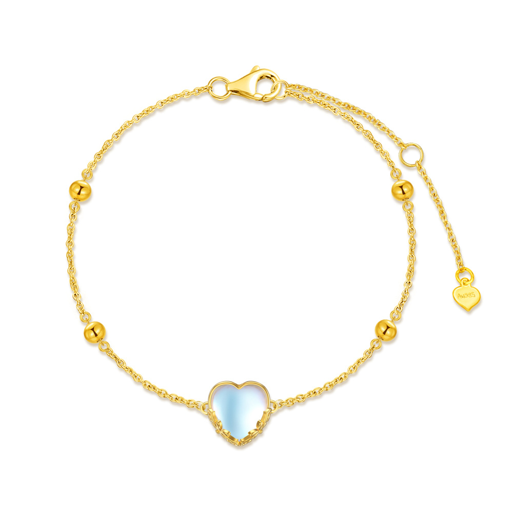 10K Gold Heart Moonstone Charm Bracelet For Women-1
