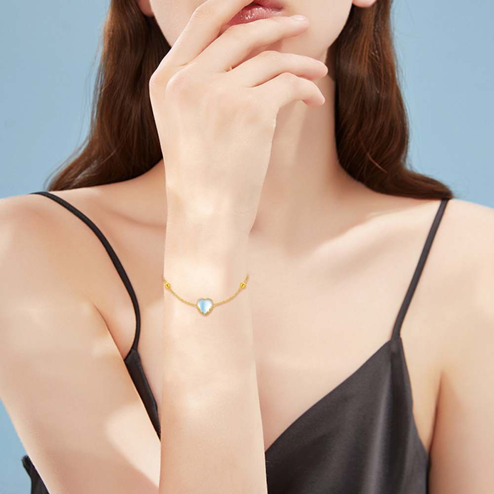 10K Gold Heart Moonstone Charm Bracelet For Women-2