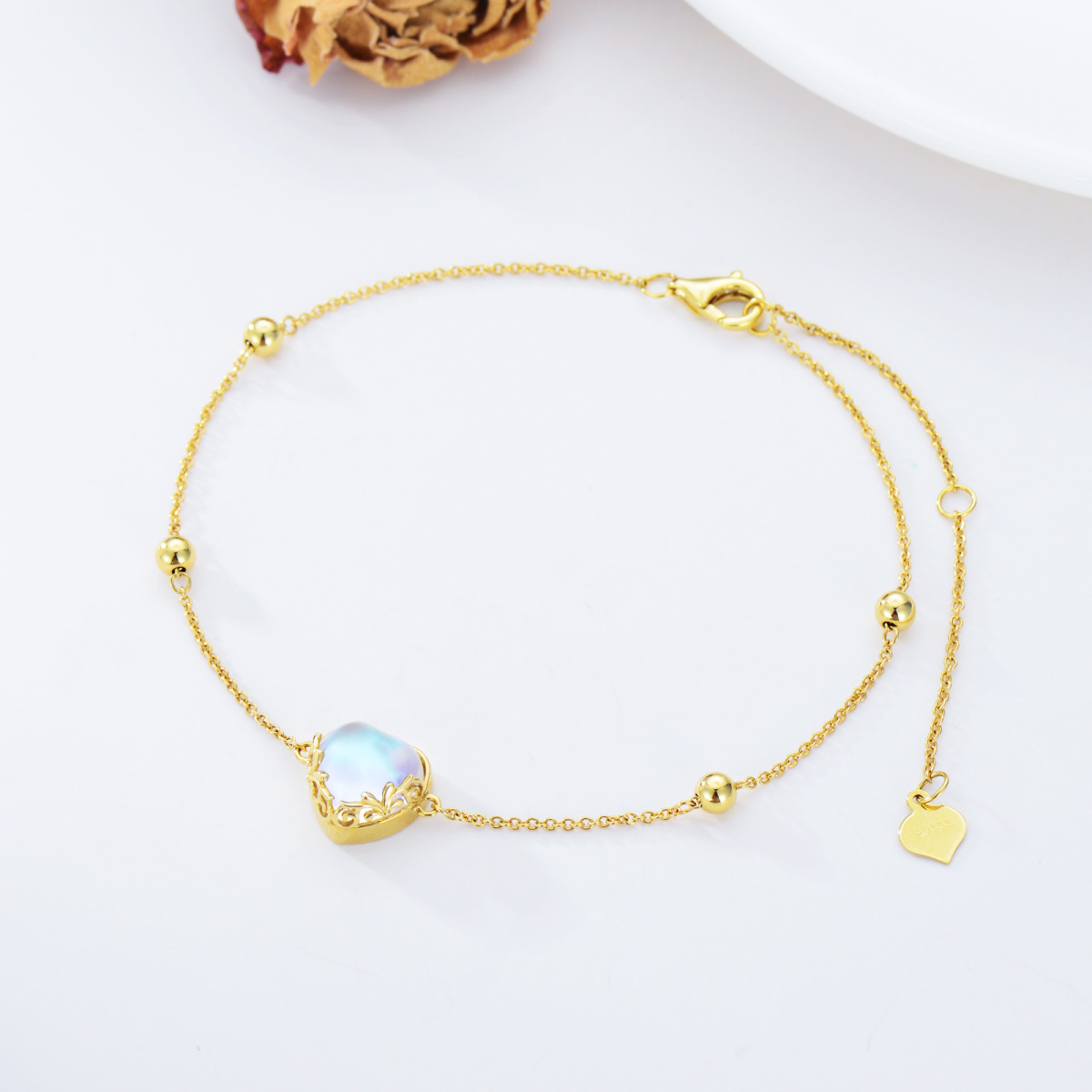 Pulsera con colgante de piedra lunar en forma de corazón de oro de 14 quilates para mujer-3