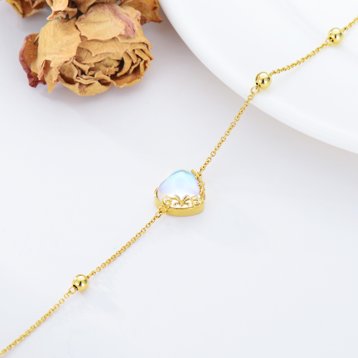 Pulsera con colgante de piedra lunar en forma de corazón de oro de 14 quilates para mujer-4