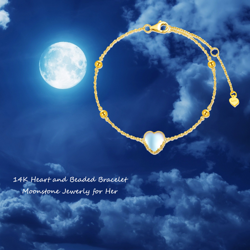 10K Gold Heart Moonstone Charm Bracelet For Women-5