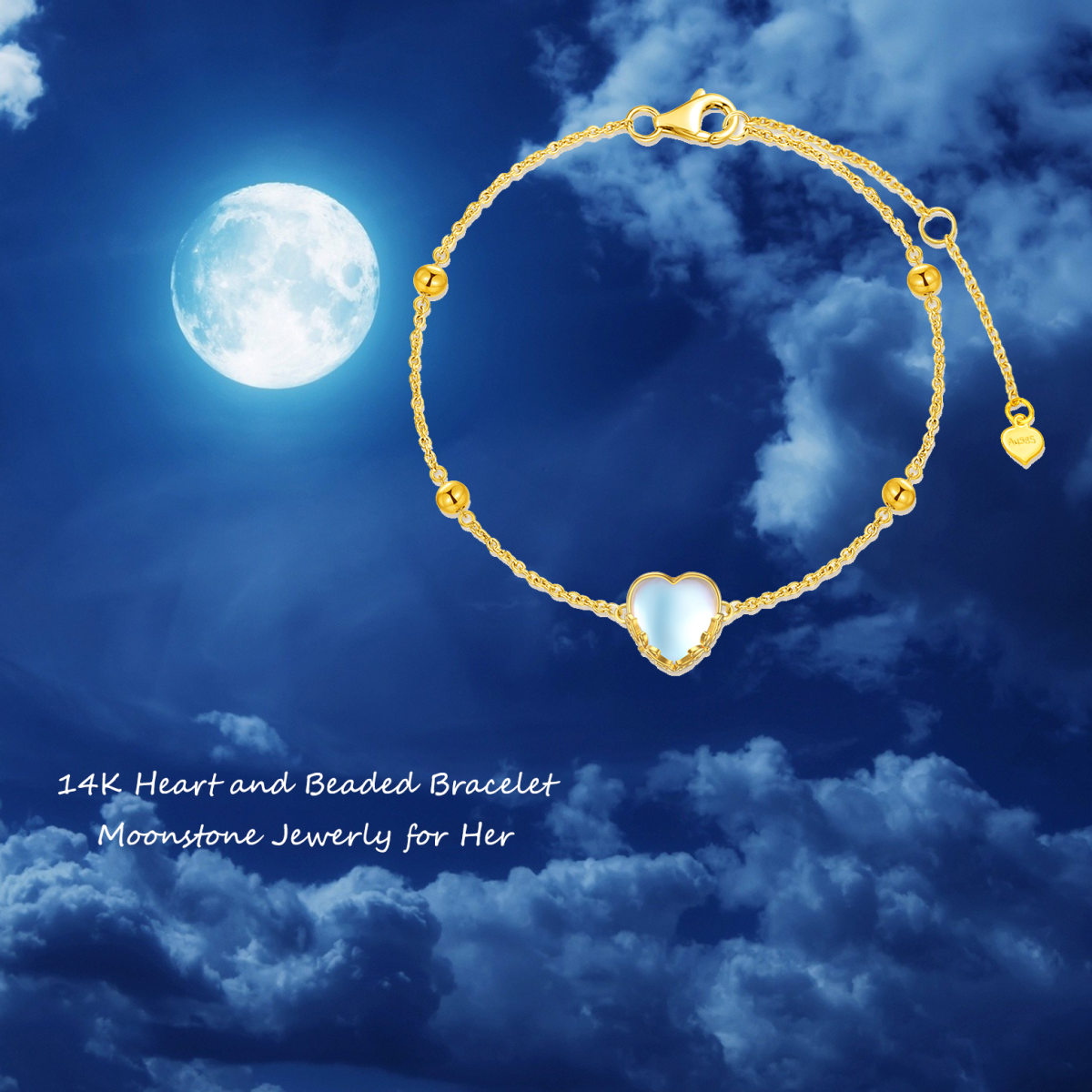 14K Gold Heart Moonstone Pendant Bracelet For Women-5