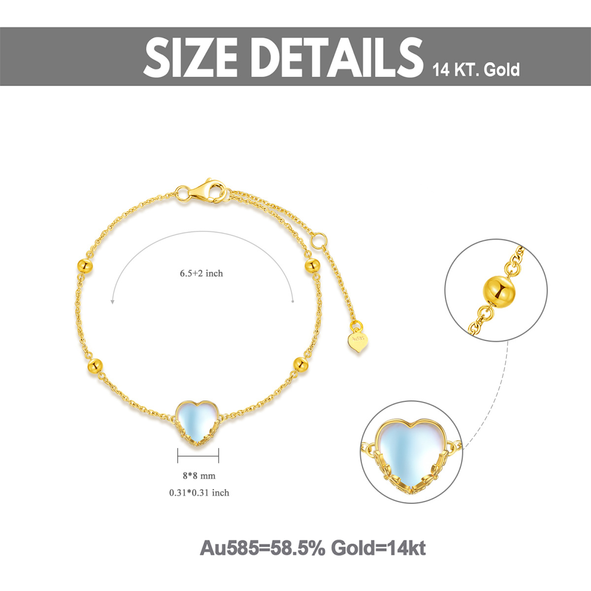 14K Gold Heart Moonstone Pendant Bracelet For Women-6