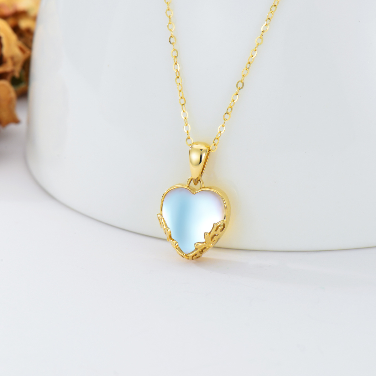 Colar com pingente de pedra lunar de coração em ouro amarelo 14K para mulheres-4