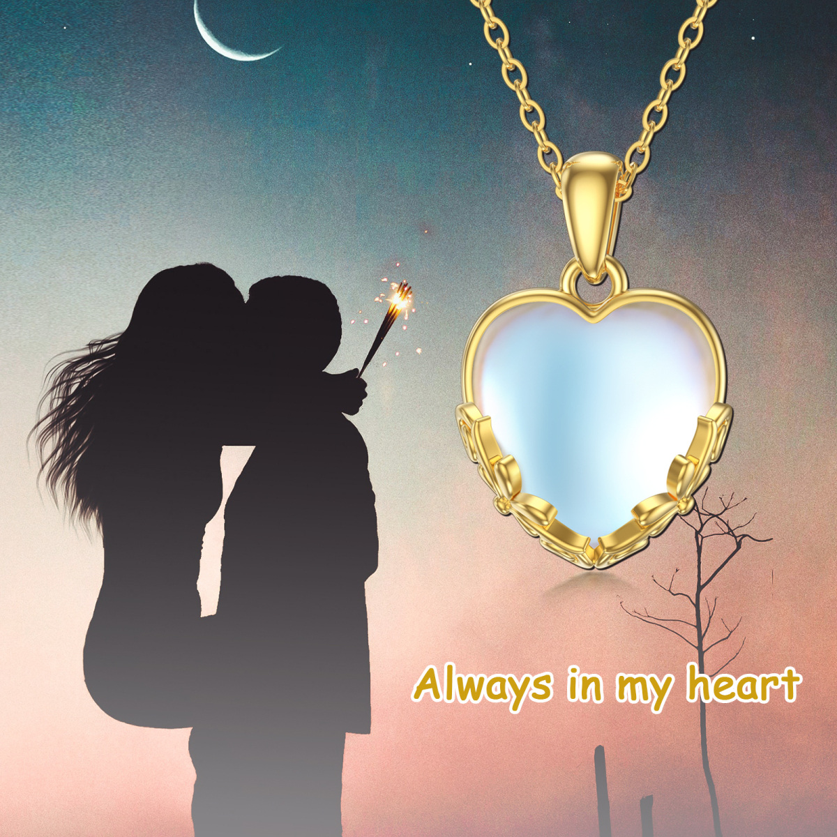 10K Yellow Gold Heart Moonstone Pendant Necklace For Women-5