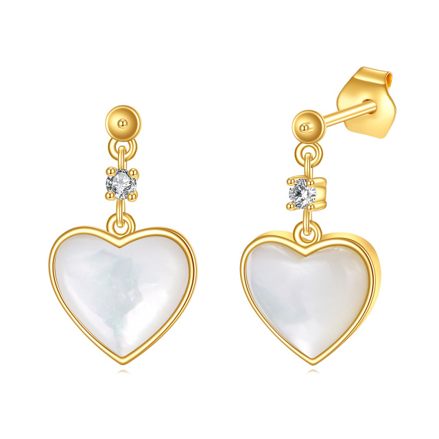 14K Gold Heart Shaped Mother Of Pearl Heart Drop Earrings-1