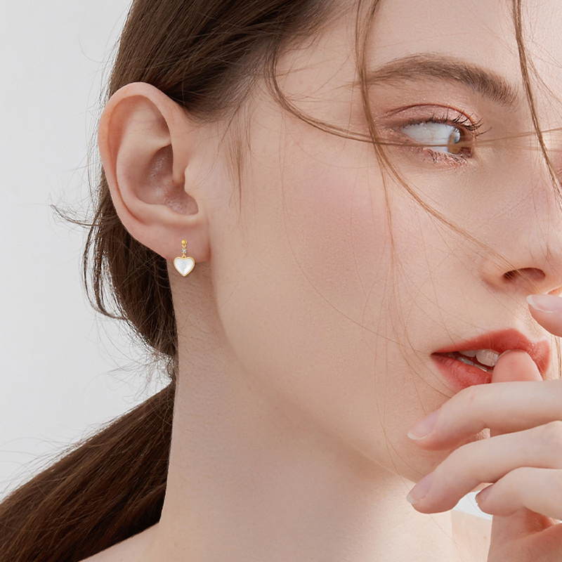 10K Gold Heart Mother Of Pearl Drop Earrings For Women-2