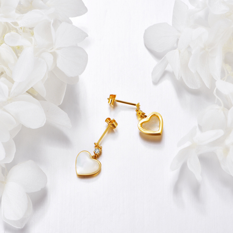10K Gold Heart Mother Of Pearl Drop Earrings For Women-3