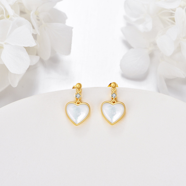 14K Gold Heart Shaped Mother Of Pearl Heart Drop Earrings-4