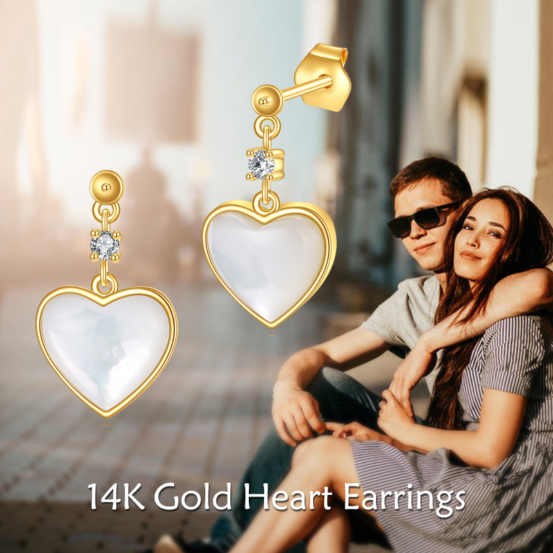 10K Gold Heart Mother Of Pearl Drop Earrings For Women-6