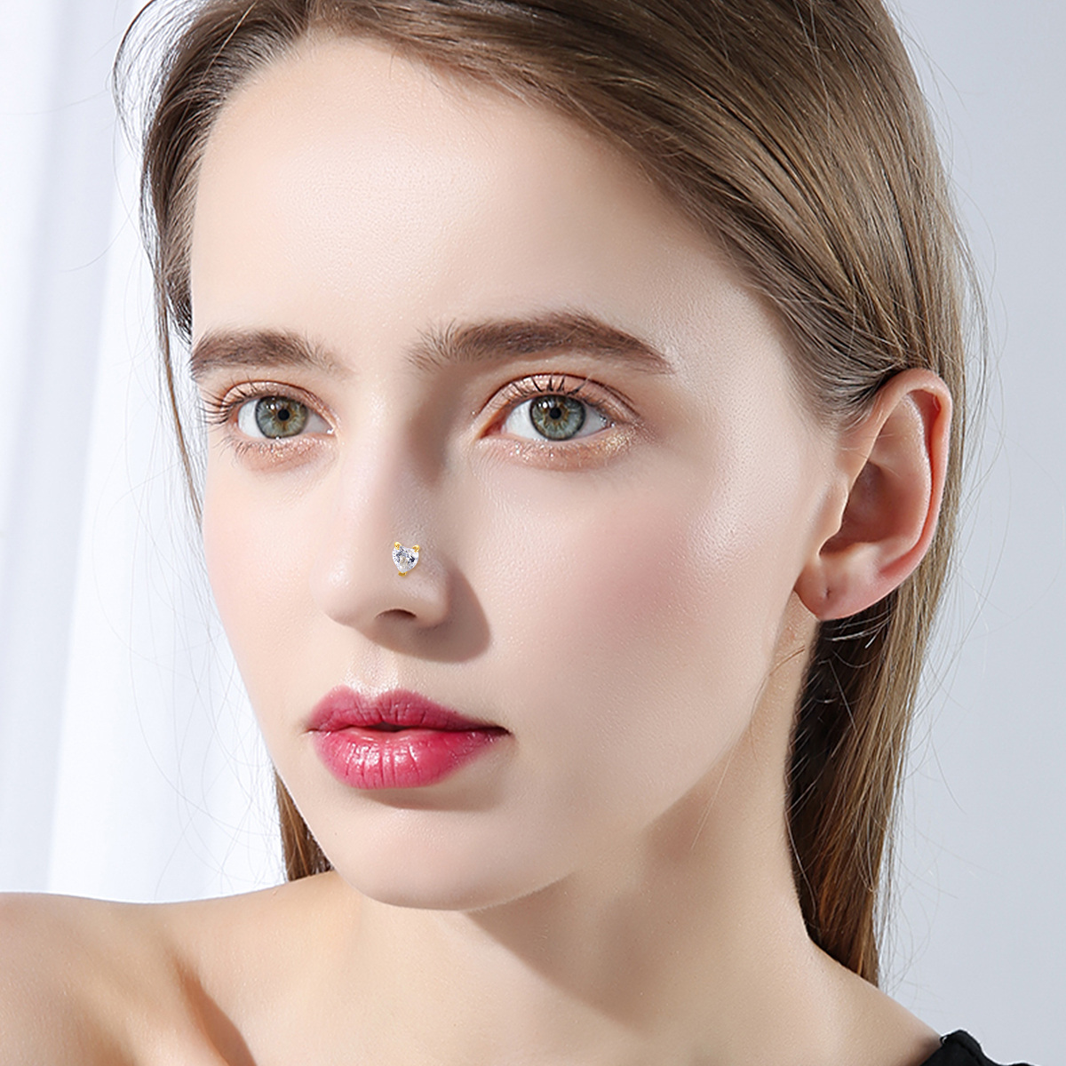 14K Gold Heart Shaped Cubic Zirconia Nose Ring-2