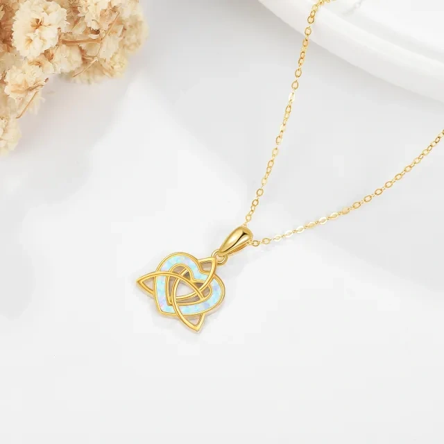 14K Gold Heart Shaped Opal Celtic Knot & Heart Pendant Necklace-4