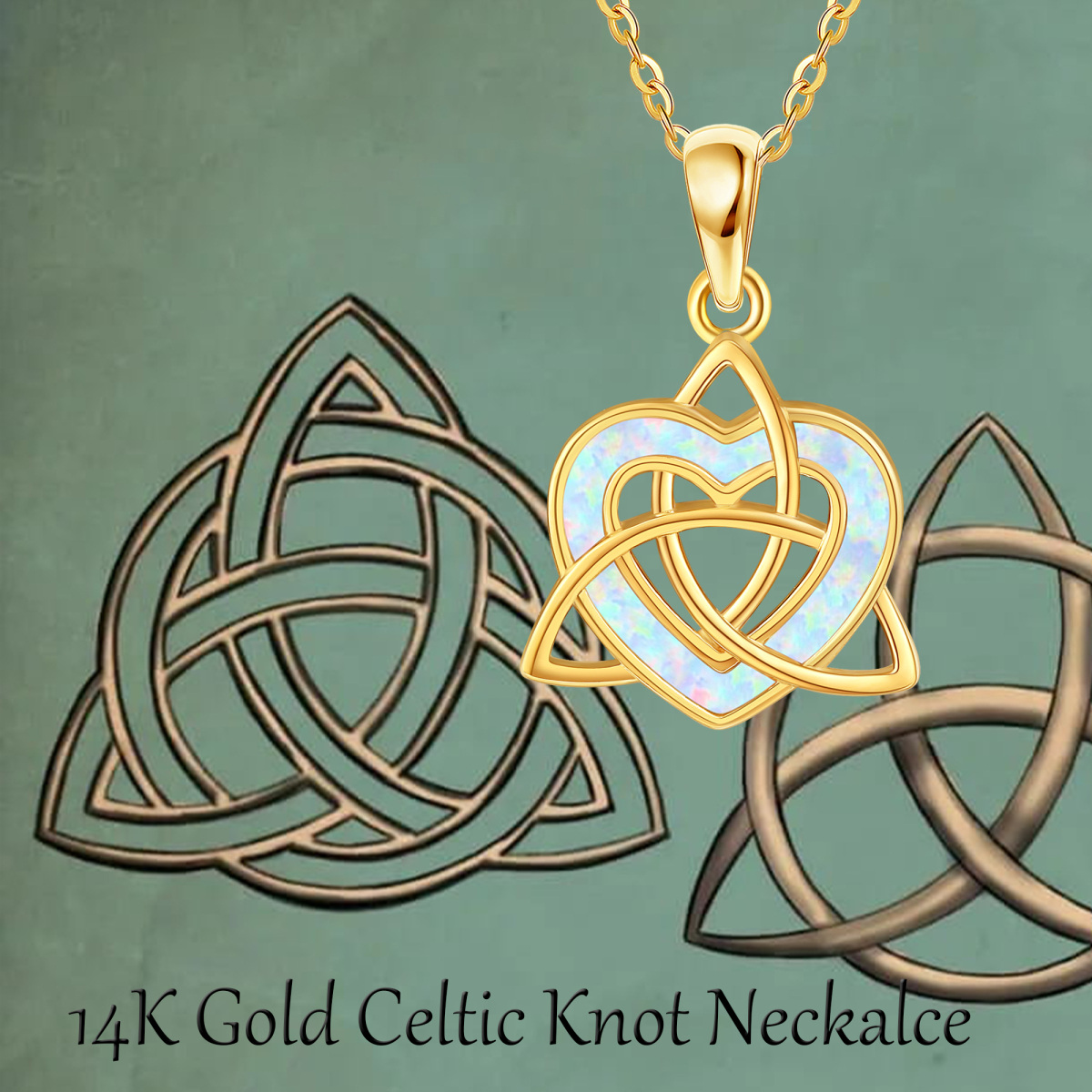 10K Gold Heart Opal Celtic Knot Pendant Necklace For Women Best Friends-5