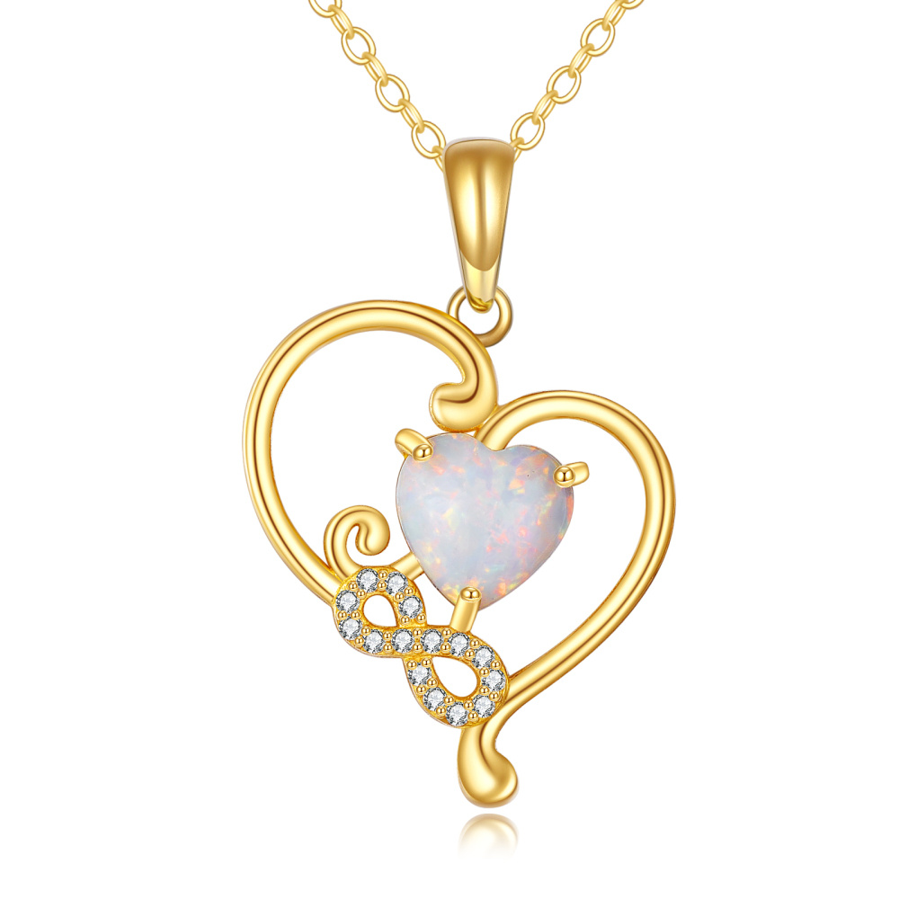 Collar con colgante de corazón de ópalo entrelazado con símbolo de infinito en oro de 10 quilates para mujer-1
