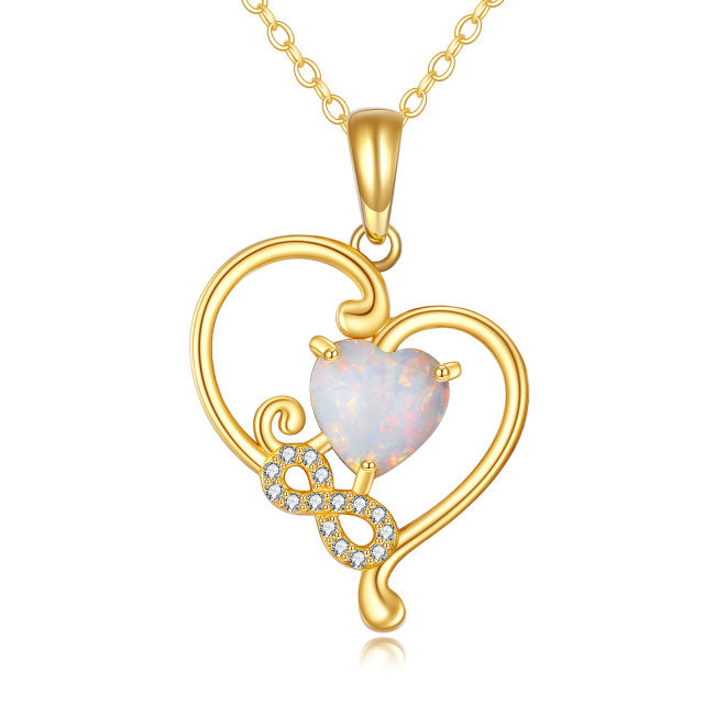 14K Gold Heart Shaped Opal Heart With Heart & Infinity Symbol Pendant Necklace