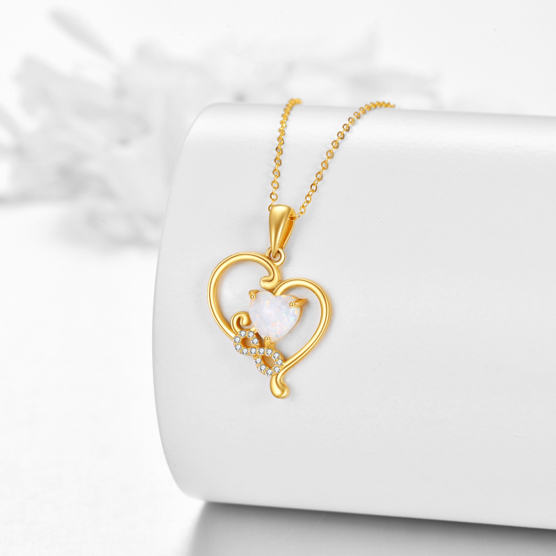 Colar com pendente coração em ouro branco 10K com opala lapidada em forma de coração e símbolo do infinito-3