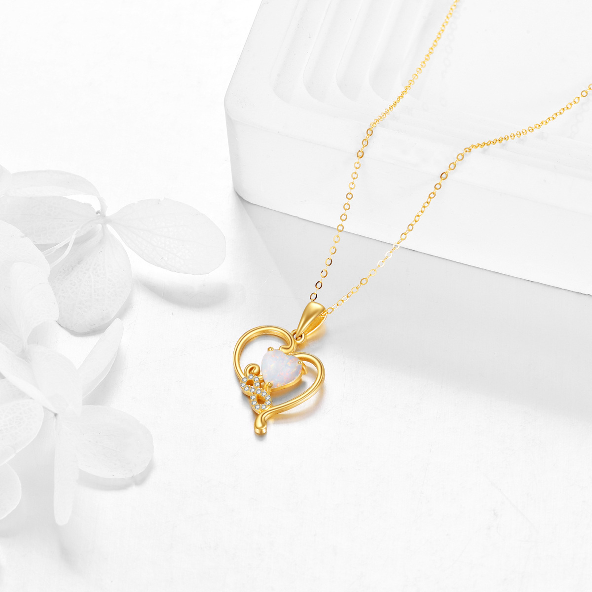 Colar com pingente de coração de ouro 14K, opala, corações interligados e símbolo do infinito para mulheres-4