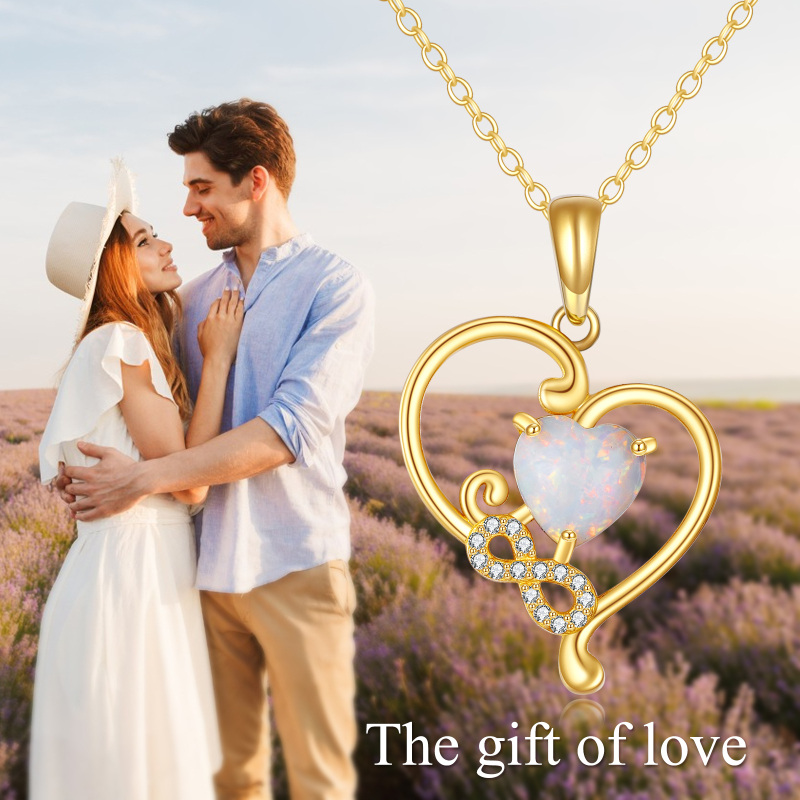 Colar com pendente coração em ouro branco 10K com opala lapidada em forma de coração e símbolo do infinito-5