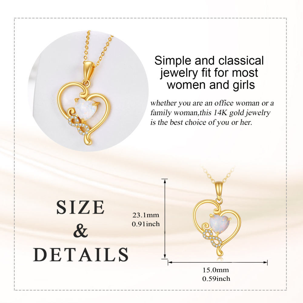 Collar con colgante de corazón de ópalo entrelazado con símbolo de infinito en oro de 10 quilates para mujer-6