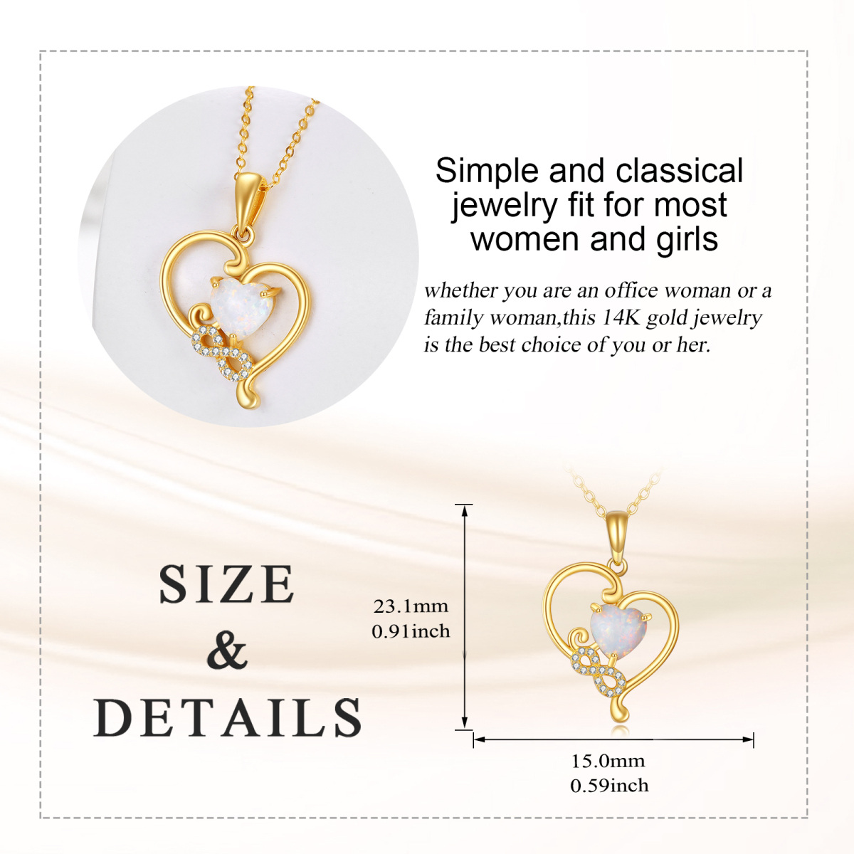 14K Gold Heart Opal Interlocking Hearts & Infinity Symbol Pendant Necklace For Women-6