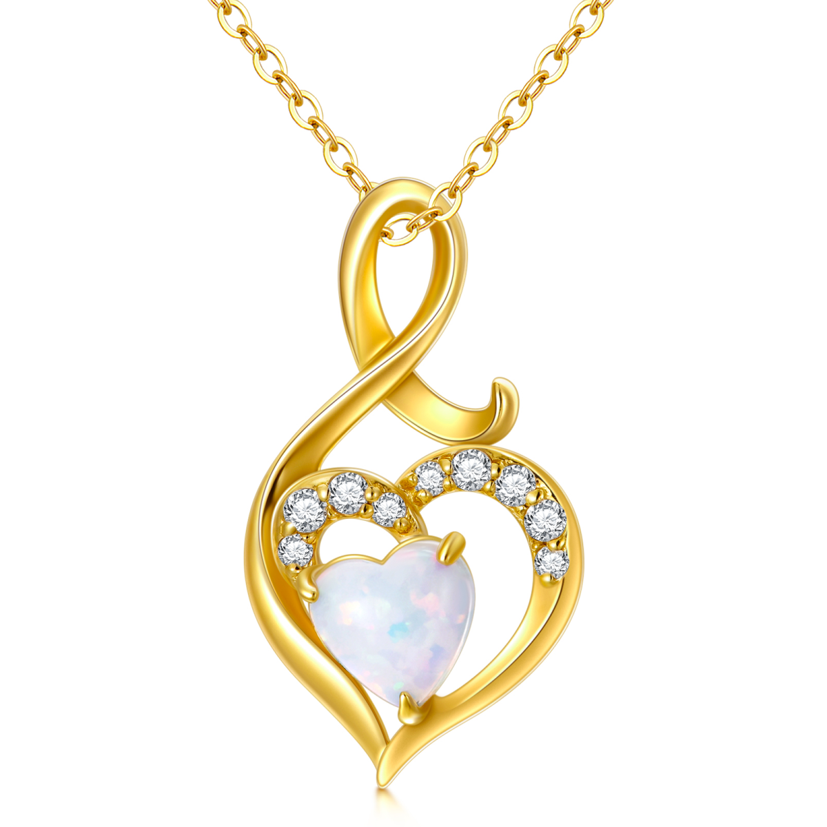 10K Yellow Gold Heart Opal Heart Infinity Symbol Pendant Necklace For Women-1