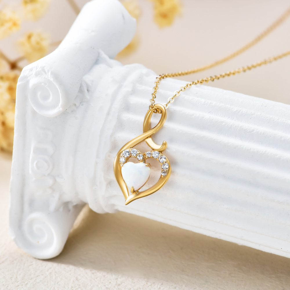 10K Yellow Gold Heart Opal Heart Infinity Symbol Pendant Necklace For Women-3