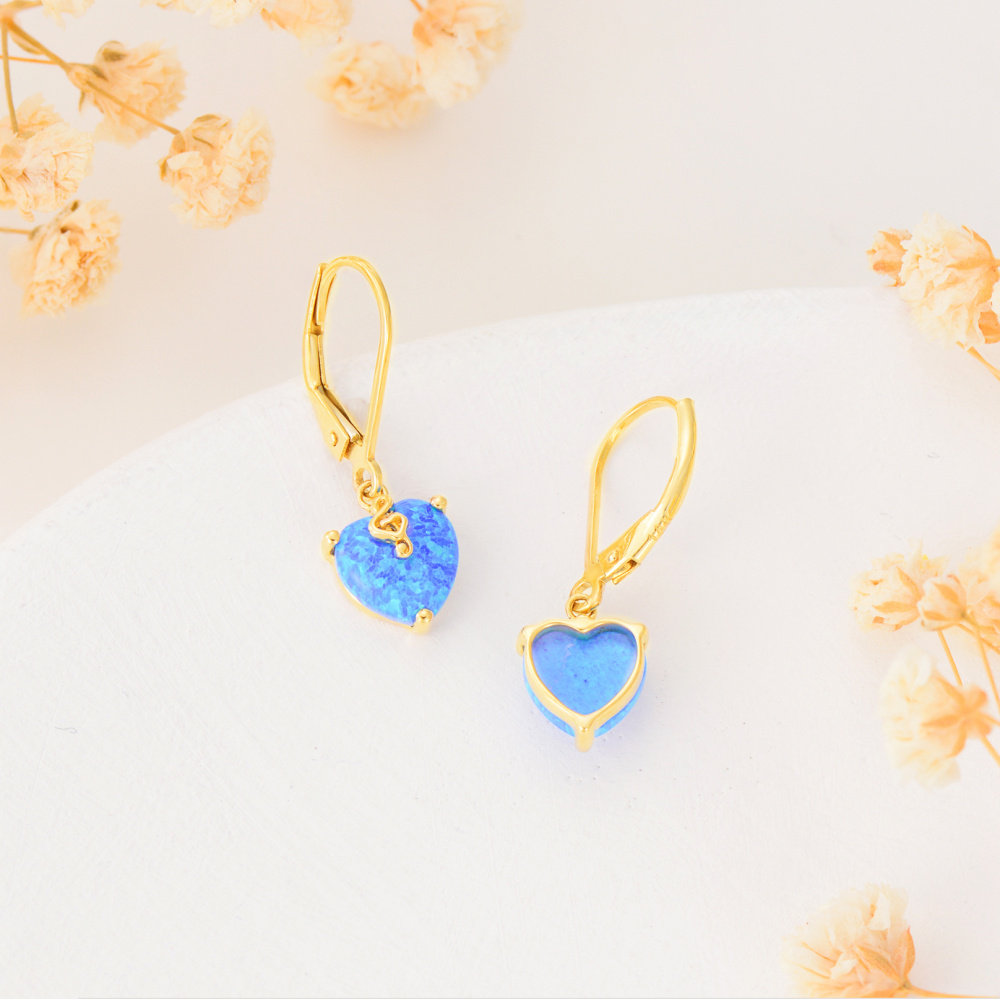 Pendientes de oro de 10 quilates con forma de corazón de ópalo y cierre de palanca para mujer-4