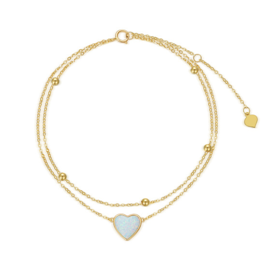 Bracelet de cheville multicouche en or jaune 14 carats avec opale et cœur pour femme