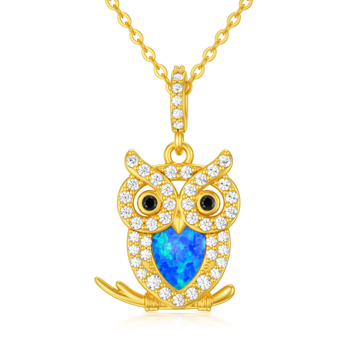 Collier en or 14K avec pendentif hibou en forme de coeur et opale-1