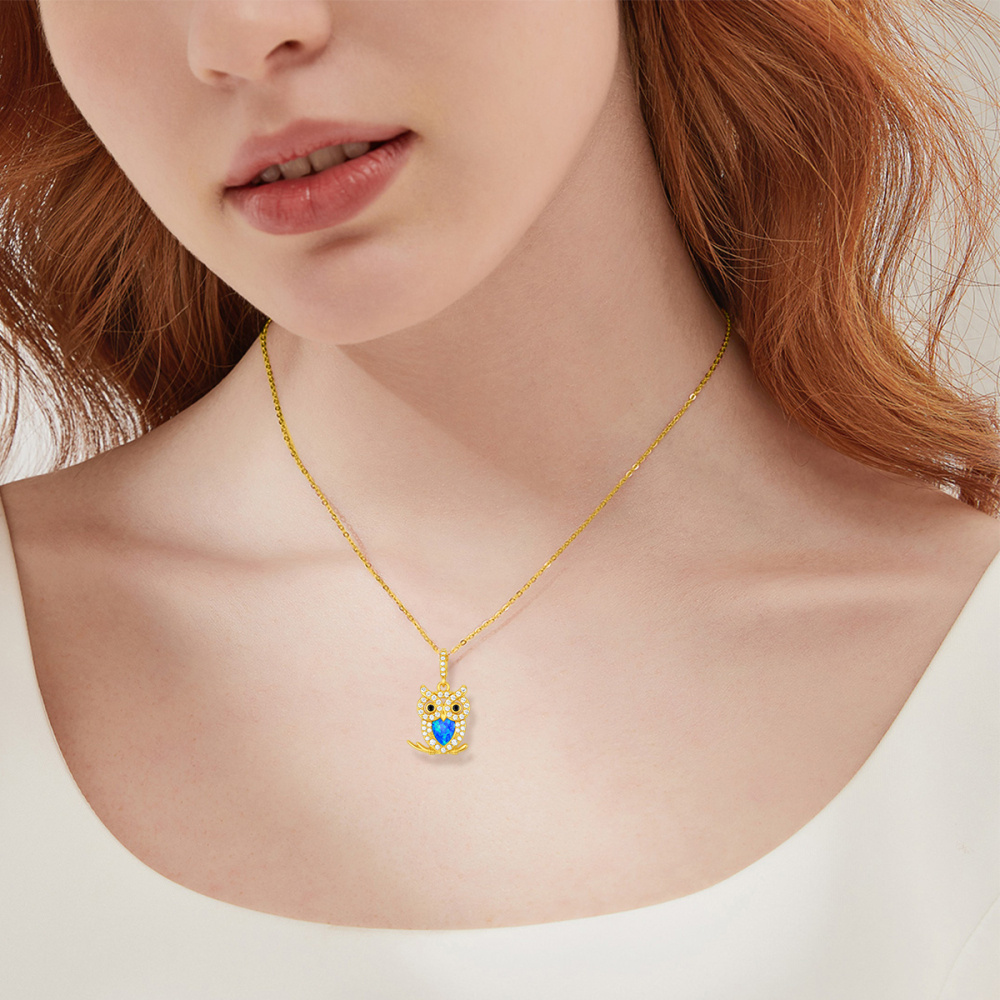 Collar de oro de 14 quilates en forma de corazón de ópalo búho colgante-2