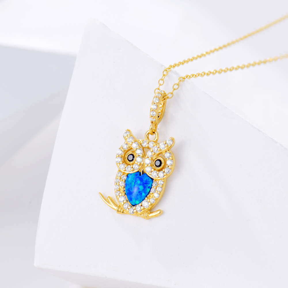 Collar de oro de 14 quilates en forma de corazón de ópalo búho colgante-3