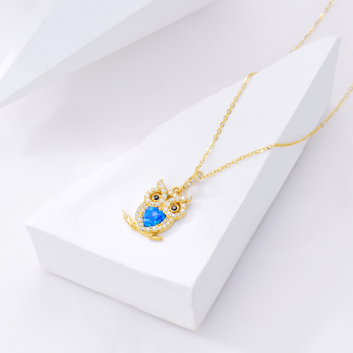 Collier en or 14K avec pendentif hibou en forme de coeur et opale-4