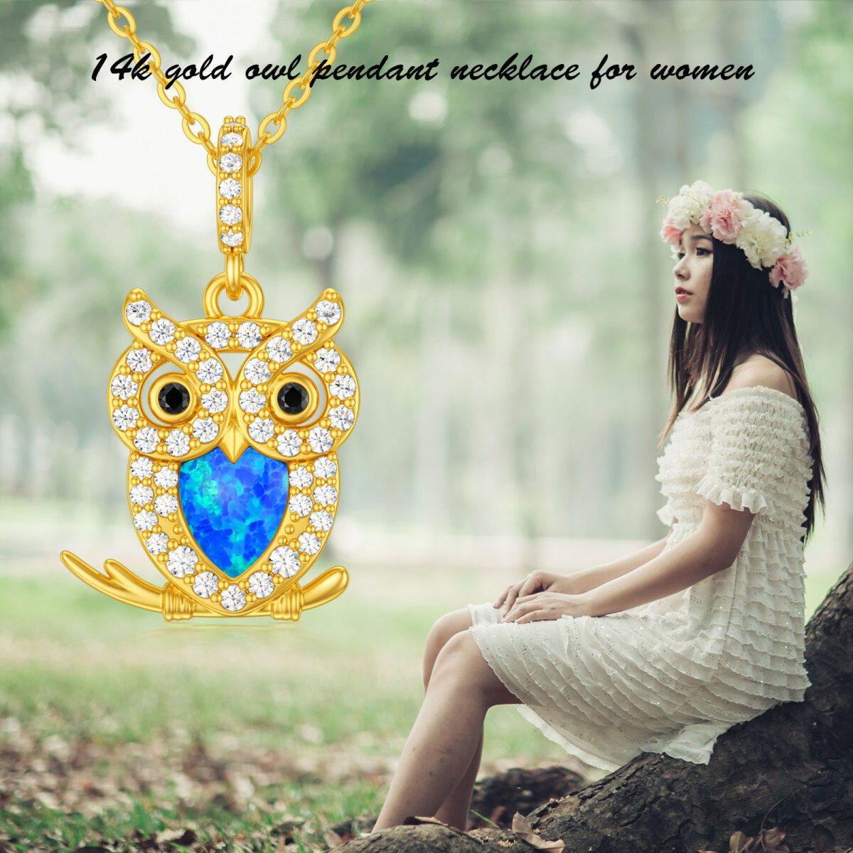 Collier en or 14K avec pendentif hibou en forme de coeur et opale-5