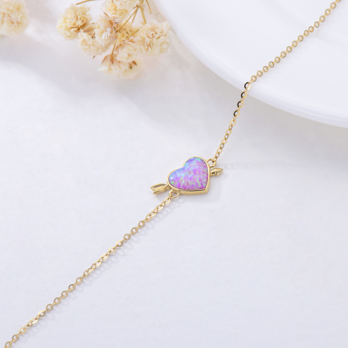 14K Gold Heart Opal Pendant Bracelet For Women-3