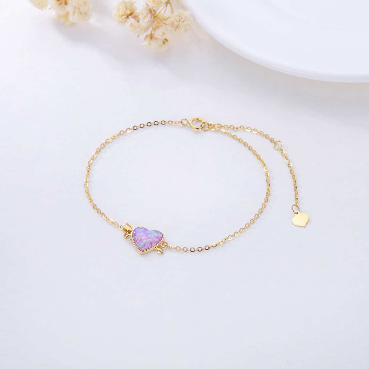 14K Gold Heart Opal Pendant Bracelet For Women-4