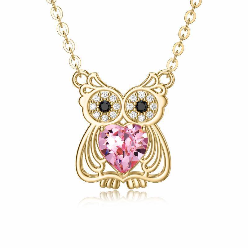 Collier avec pendentif hibou en forme de cœur en or 14 carats et zircone cubique-1