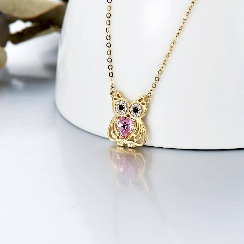 10K Gold Heart Shaped Cubic Zirconia Owl Pendant Necklace-3