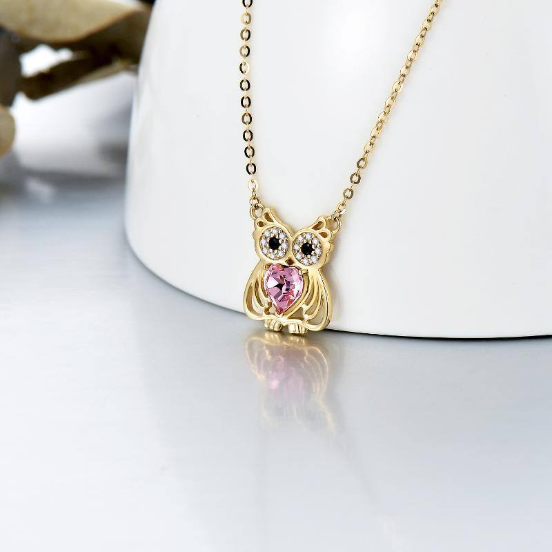 Collana con ciondolo a forma di cuore e gufo con zirconia cubica in oro 14K-3